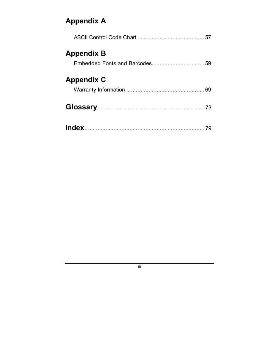 Appendix a, Appendix b, Appendix c | Glossary, Index | Datamax E-4203 User Manual | Page 9 / 92