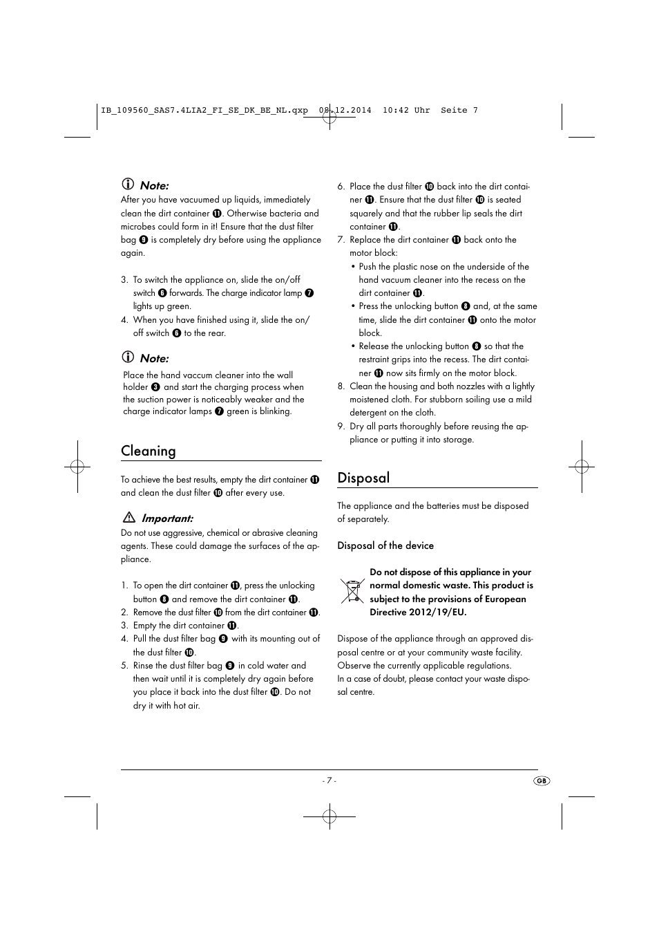 Cleaning, Disposal, Important | Silvercrest SAS 7.4 LI A2 User Manual | Page 10 / 67