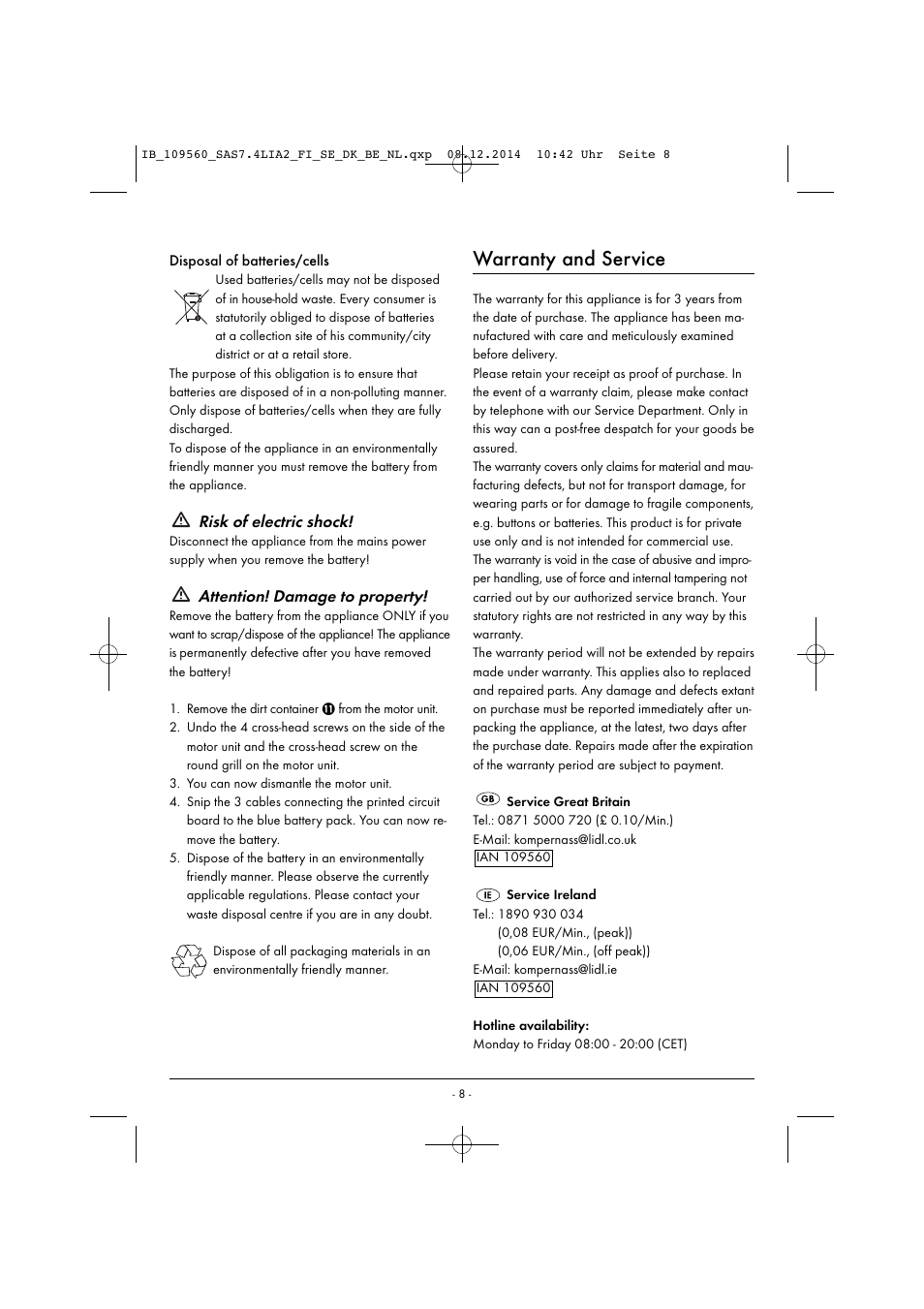 Warranty and service, Risk of electric shock, Attention! damage to property | Silvercrest SAS 7.4 LI A2 User Manual | Page 11 / 67