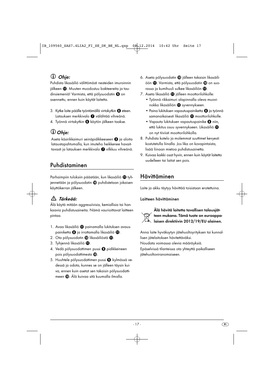 Puhdistaminen, Hävittäminen, Ohje | Tärkeää | Silvercrest SAS 7.4 LI A2 User Manual | Page 20 / 67