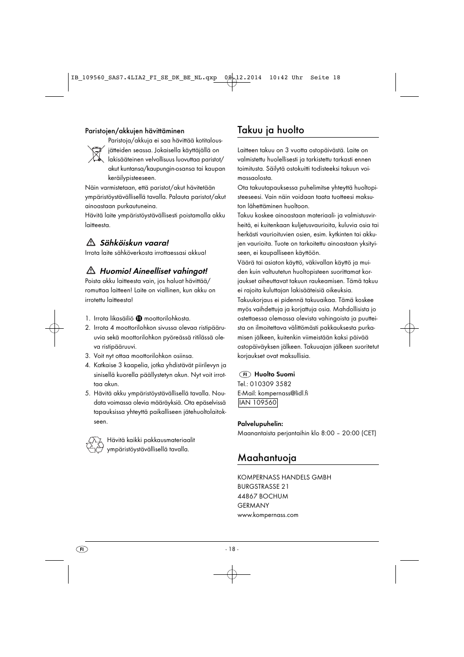 Takuu ja huolto, Maahantuoja, Sähköiskun vaara | Huomio! aineelliset vahingot | Silvercrest SAS 7.4 LI A2 User Manual | Page 21 / 67