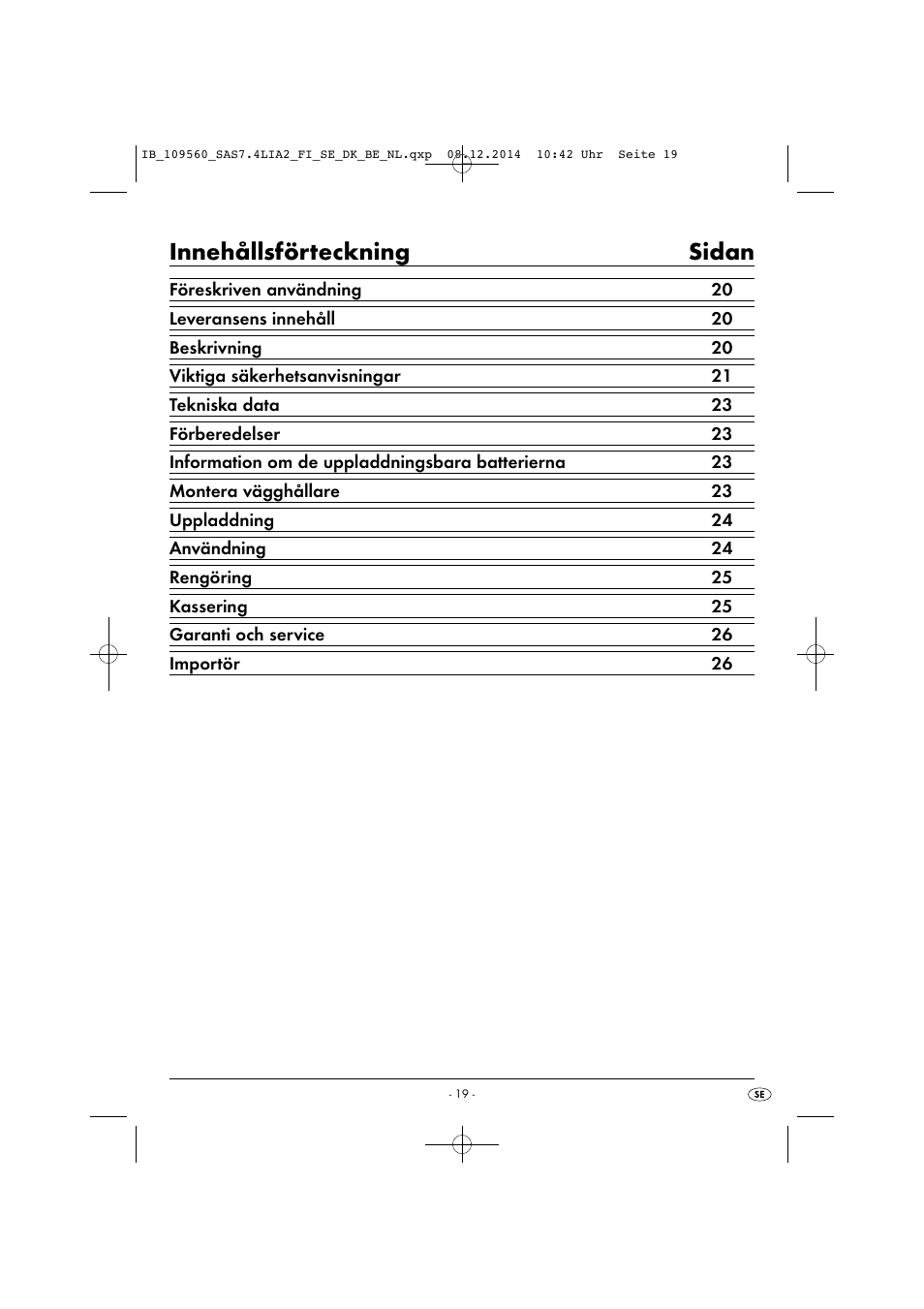 Innehållsförteckning sidan | Silvercrest SAS 7.4 LI A2 User Manual | Page 22 / 67