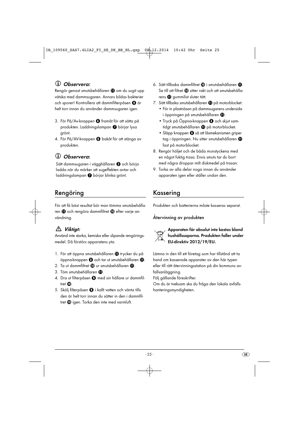 Rengöring, Kassering, Observera | Viktigt | Silvercrest SAS 7.4 LI A2 User Manual | Page 28 / 67