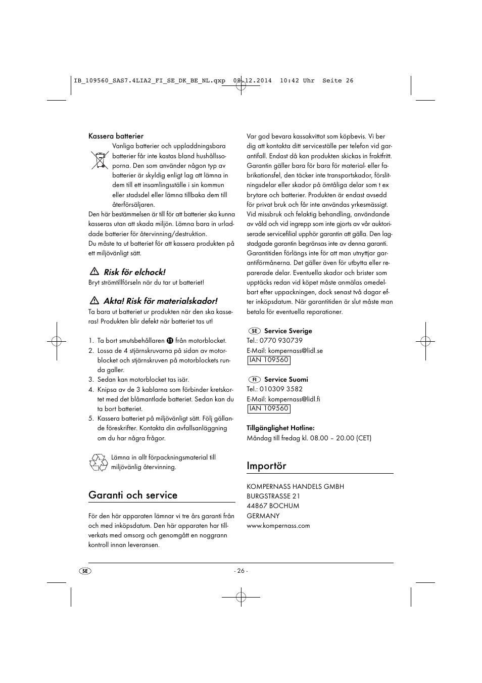 Garanti och service, Importör, Risk för elchock | Akta! risk för materialskador | Silvercrest SAS 7.4 LI A2 User Manual | Page 29 / 67