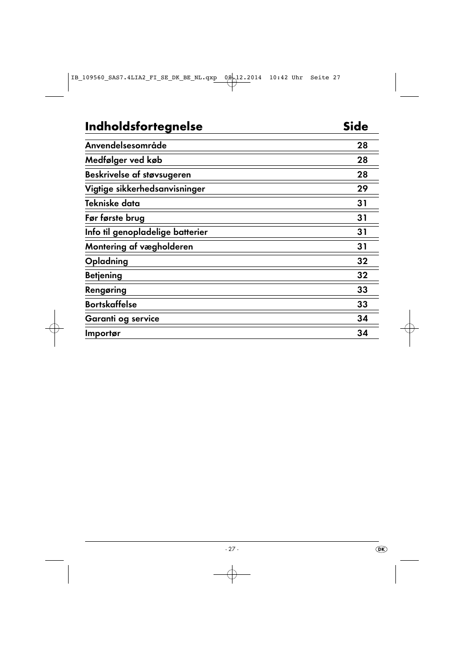 Indholdsfortegnelse side | Silvercrest SAS 7.4 LI A2 User Manual | Page 30 / 67