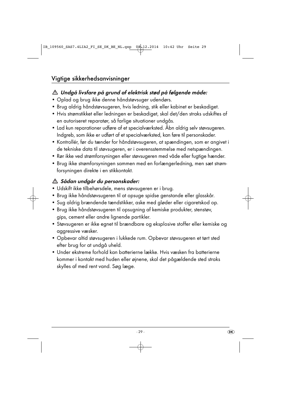 Vigtige sikkerhedsanvisninger | Silvercrest SAS 7.4 LI A2 User Manual | Page 32 / 67