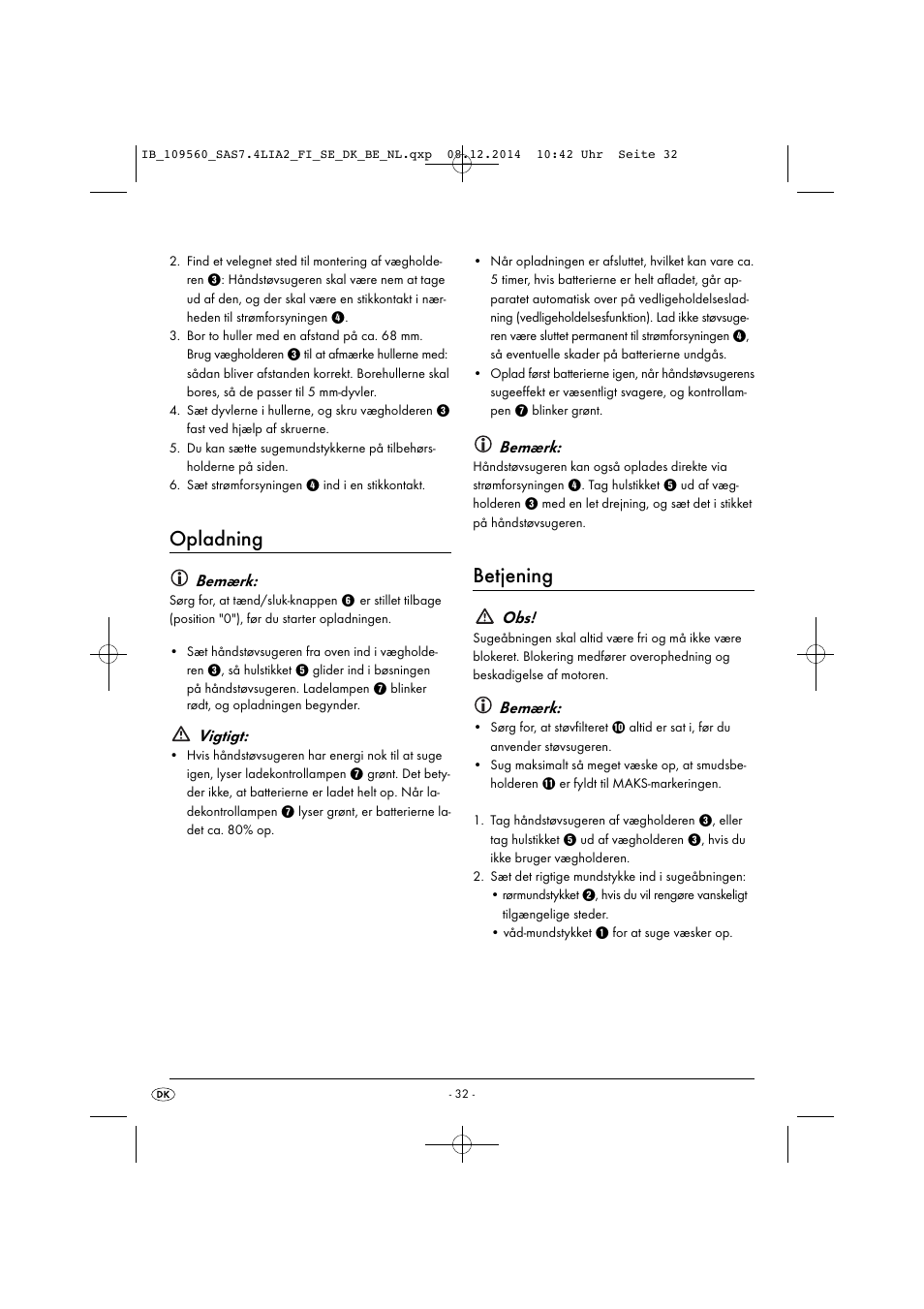 Opladning, Betjening, Bemærk | Vigtigt | Silvercrest SAS 7.4 LI A2 User Manual | Page 35 / 67