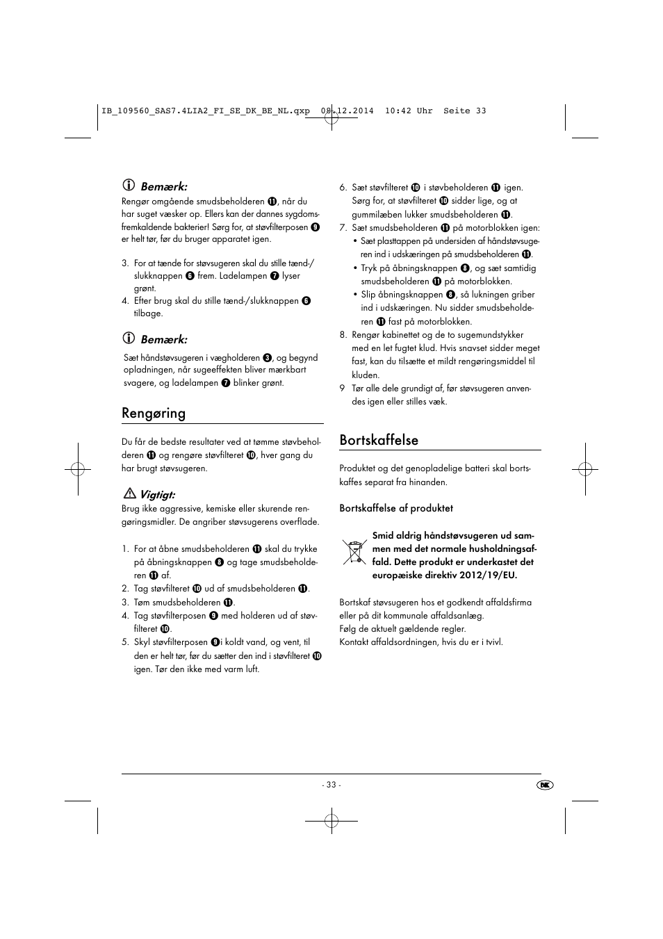 Rengøring, Bortskaffelse, Bemærk | Vigtigt | Silvercrest SAS 7.4 LI A2 User Manual | Page 36 / 67