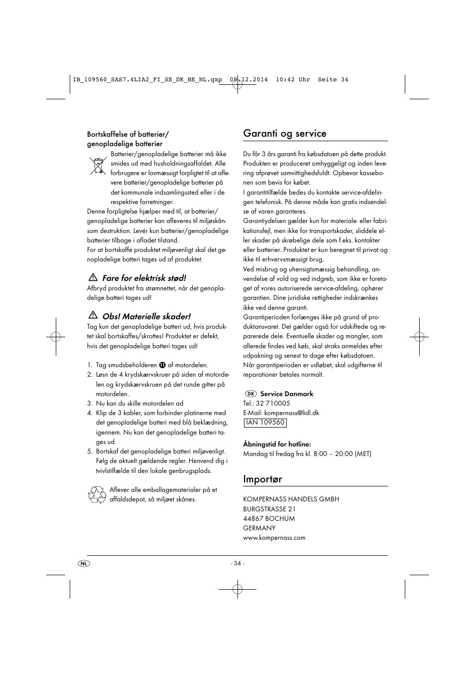Garanti og service, Importør, Fare for elektrisk stød | Obs! materielle skader | Silvercrest SAS 7.4 LI A2 User Manual | Page 37 / 67