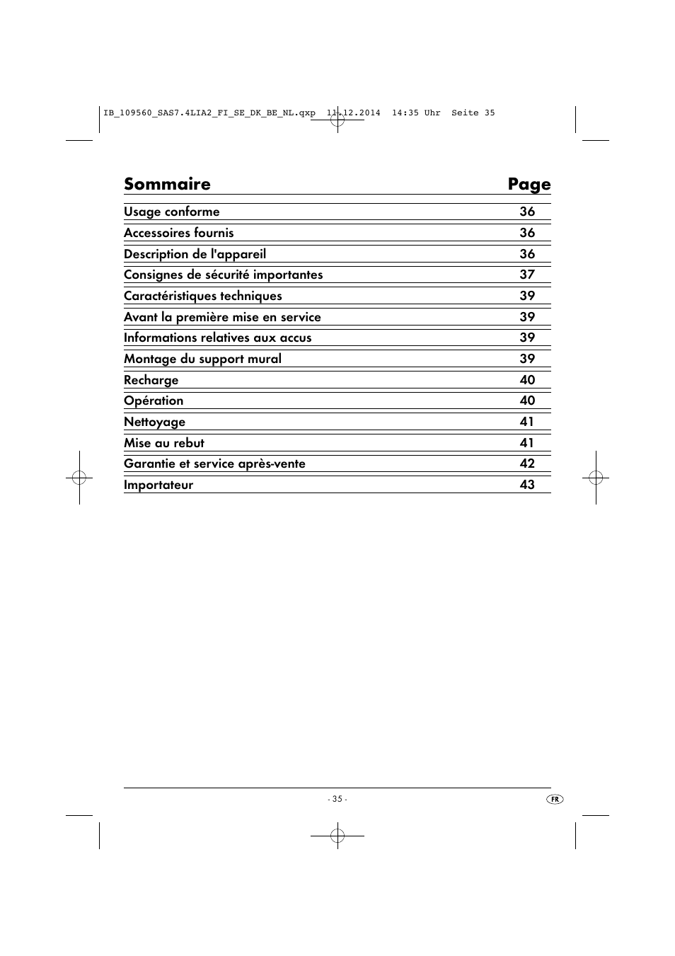 Sommaire page | Silvercrest SAS 7.4 LI A2 User Manual | Page 38 / 67