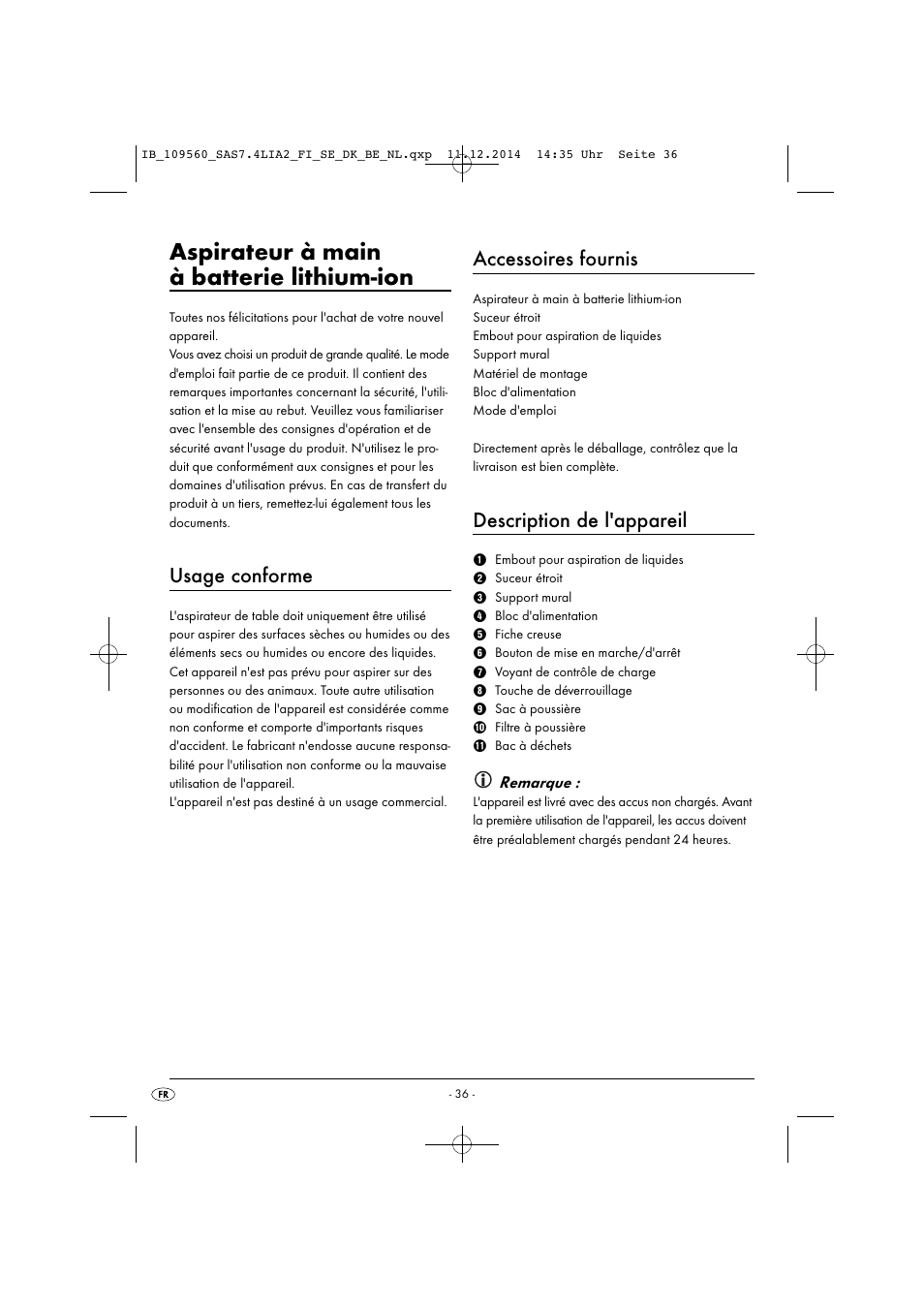 Aspirateur à main à batterie lithium-ion, Usage conforme, Accessoires fournis | Description de l'appareil, Remarque | Silvercrest SAS 7.4 LI A2 User Manual | Page 39 / 67