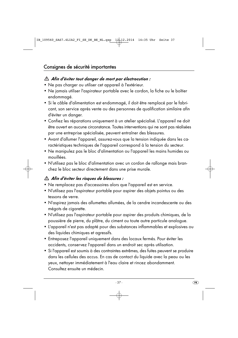 Consignes de sécurité importantes | Silvercrest SAS 7.4 LI A2 User Manual | Page 40 / 67