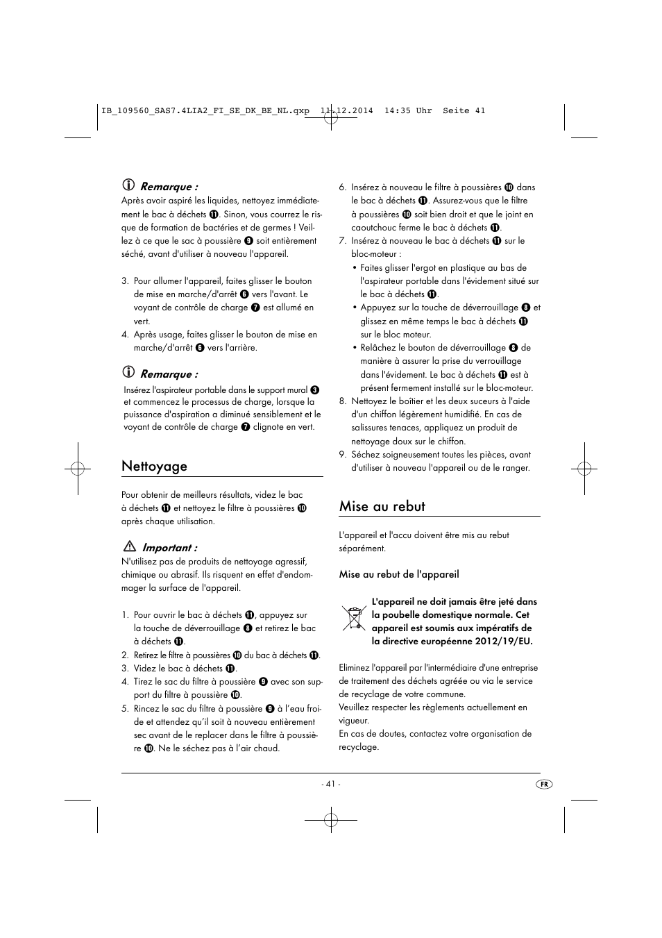 Nettoyage, Mise au rebut, Remarque | Important | Silvercrest SAS 7.4 LI A2 User Manual | Page 44 / 67