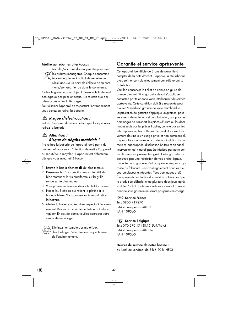 Garantie et service après-vente, Risque d'électrocution, Attention ! risque de dégâts matériels | Silvercrest SAS 7.4 LI A2 User Manual | Page 45 / 67