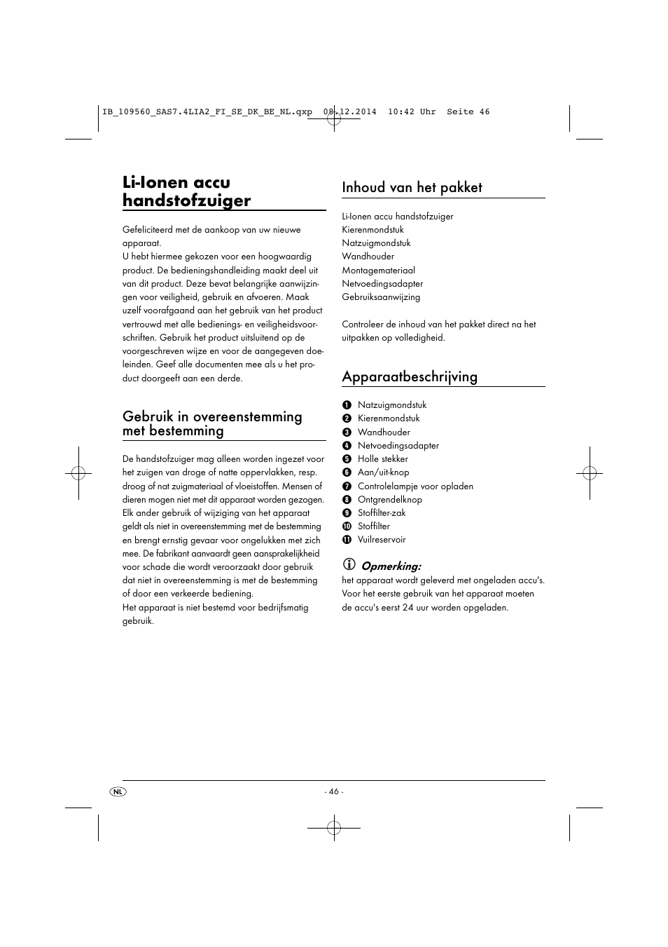 Li-ionen accu handstofzuiger, Gebruik in overeenstemming met bestemming, Inhoud van het pakket | Apparaatbeschrijving | Silvercrest SAS 7.4 LI A2 User Manual | Page 49 / 67