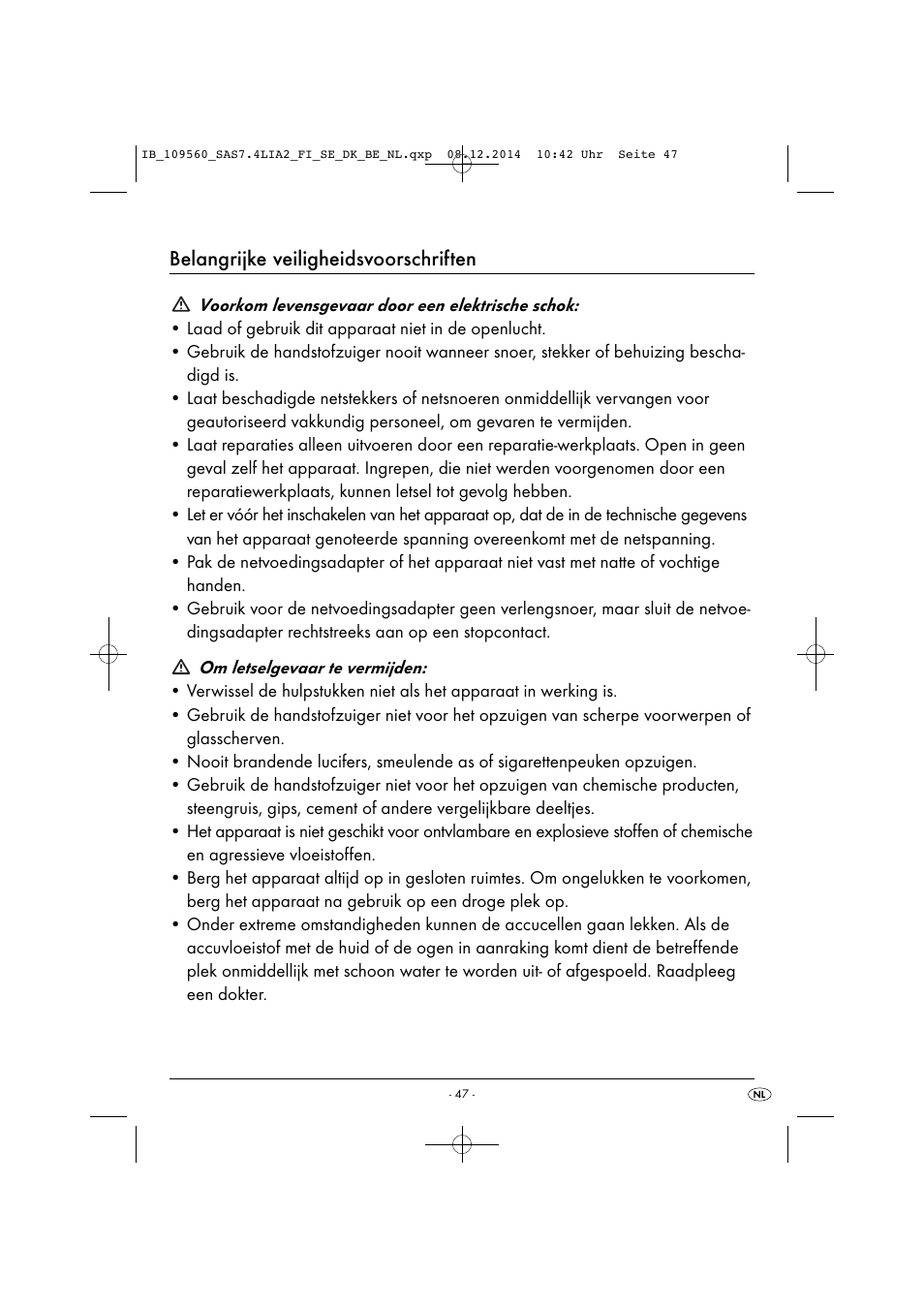 Belangrijke veiligheidsvoorschriften | Silvercrest SAS 7.4 LI A2 User Manual | Page 50 / 67