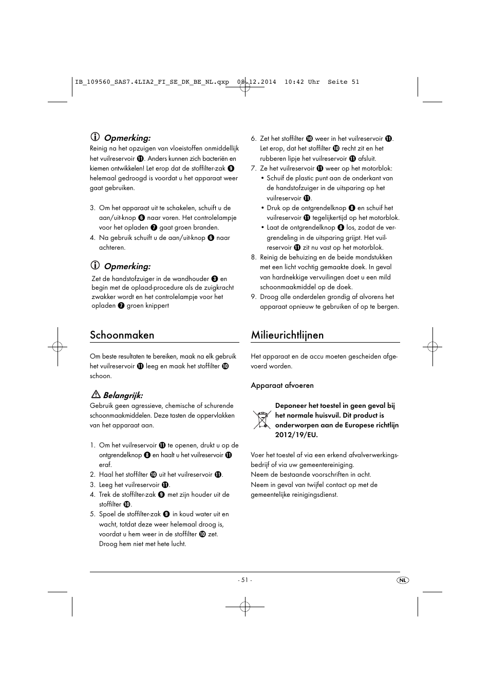 Schoonmaken, Milieurichtlijnen, Opmerking | Belangrijk | Silvercrest SAS 7.4 LI A2 User Manual | Page 54 / 67