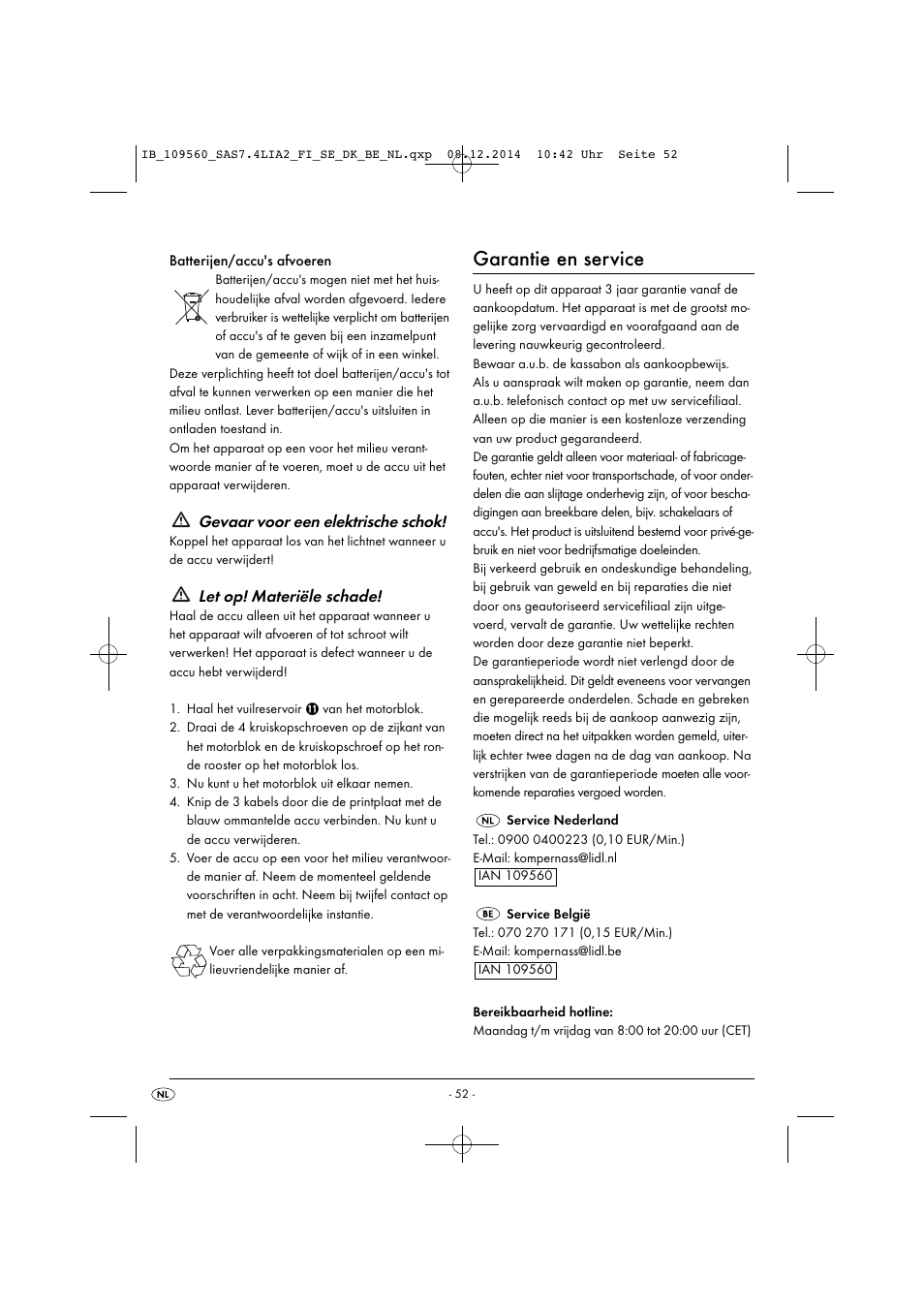 Garantie en service, Gevaar voor een elektrische schok, Let op! materiële schade | Silvercrest SAS 7.4 LI A2 User Manual | Page 55 / 67