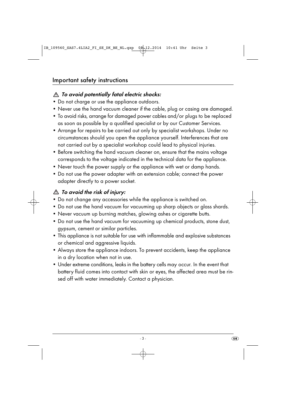 Important safety instructions | Silvercrest SAS 7.4 LI A2 User Manual | Page 6 / 67