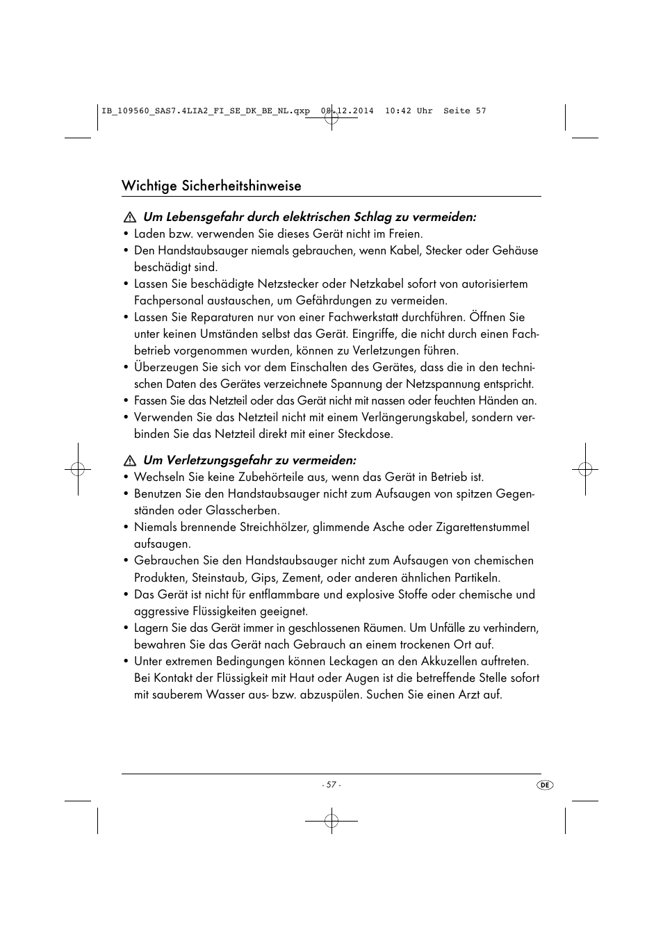 Wichtige sicherheitshinweise | Silvercrest SAS 7.4 LI A2 User Manual | Page 60 / 67