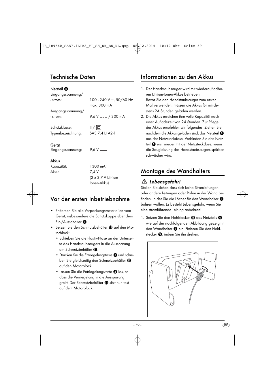 Technische daten, Vor der ersten inbetriebnahme, Informationen zu den akkus | Montage des wandhalters, Lebensgefahr | Silvercrest SAS 7.4 LI A2 User Manual | Page 62 / 67