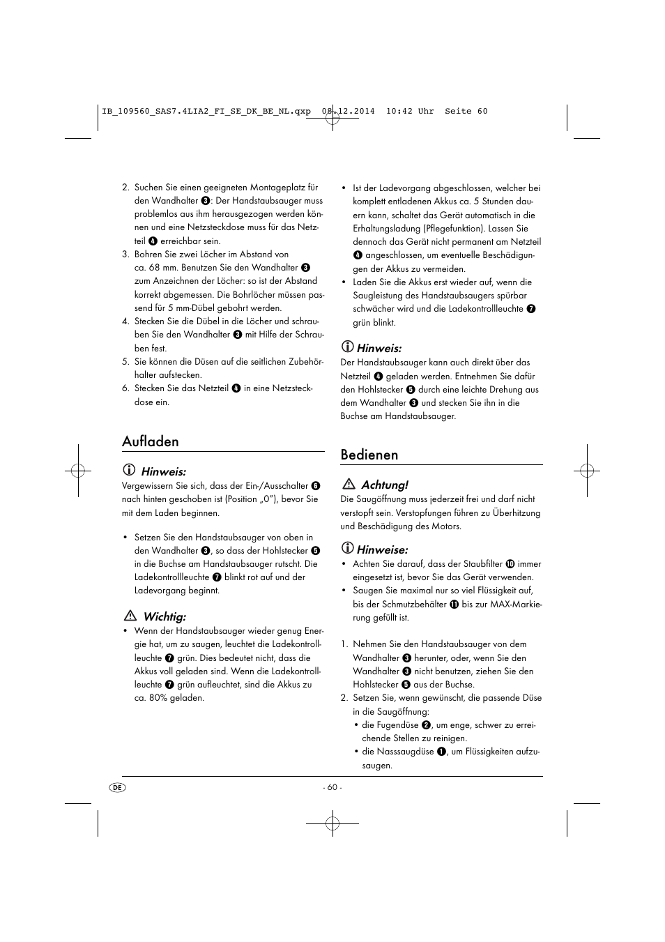 Aufladen, Bedienen, Hinweis | Wichtig, Achtung, Hinweise | Silvercrest SAS 7.4 LI A2 User Manual | Page 63 / 67