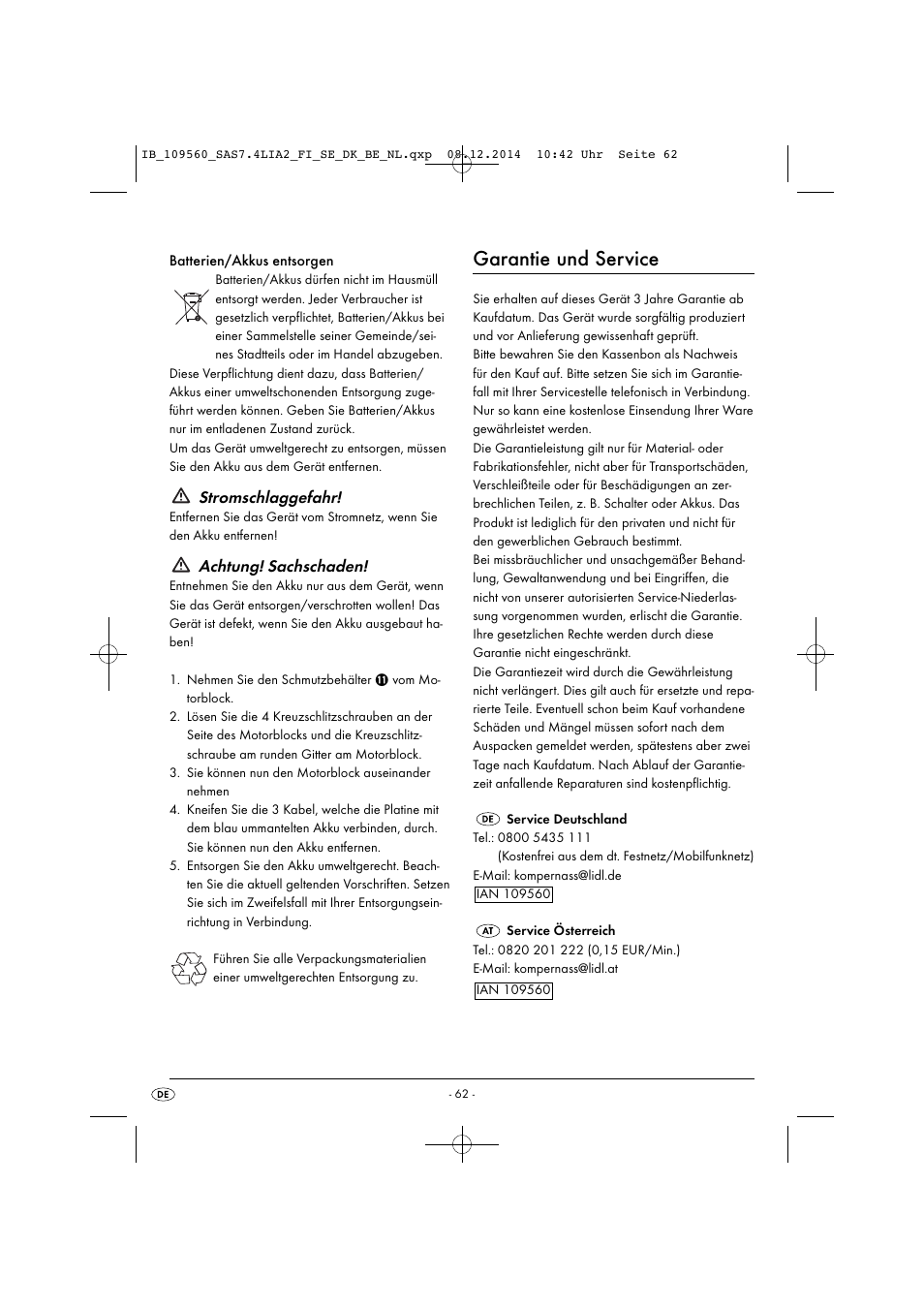 Garantie und service, Stromschlaggefahr, Achtung! sachschaden | Silvercrest SAS 7.4 LI A2 User Manual | Page 65 / 67