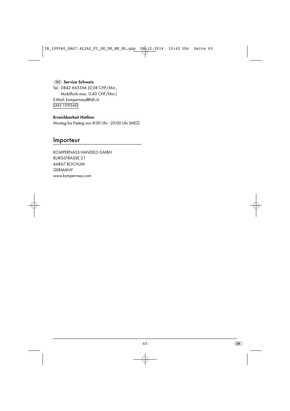 Importeur | Silvercrest SAS 7.4 LI A2 User Manual | Page 66 / 67