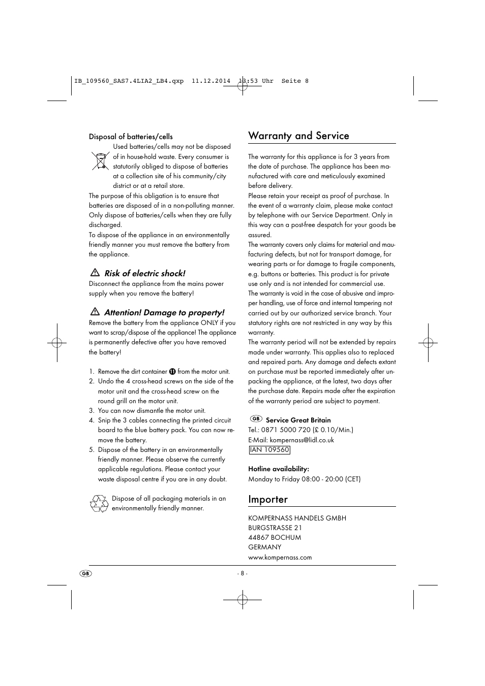 Warranty and service, Importer, Risk of electric shock | Attention! damage to property | Silvercrest SAS 7.4 LI A2 User Manual | Page 11 / 63