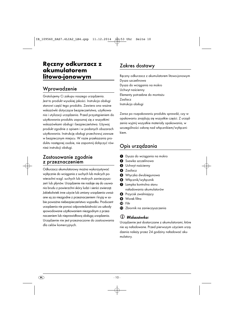 Ręczny odkurzacz z akumulatorem litowo-jonowym, Wprowadzenie, Zastosowanie zgodnie z przeznaczeniem | Zakres dostawy, Opis urządzania | Silvercrest SAS 7.4 LI A2 User Manual | Page 13 / 63