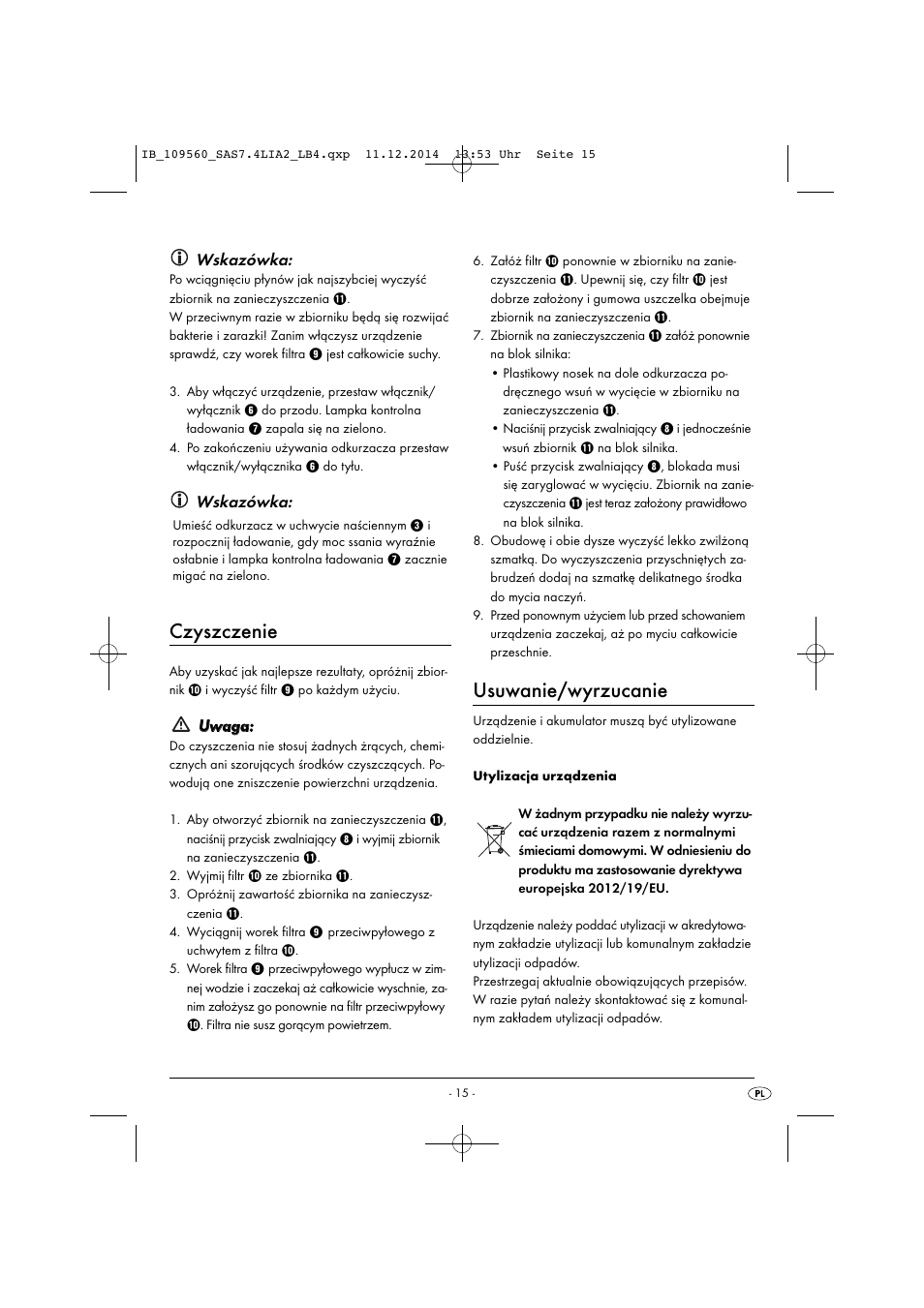 Czyszczenie, Usuwanie/wyrzucanie, Wskazówka | Uuw wa ag ga a | Silvercrest SAS 7.4 LI A2 User Manual | Page 18 / 63