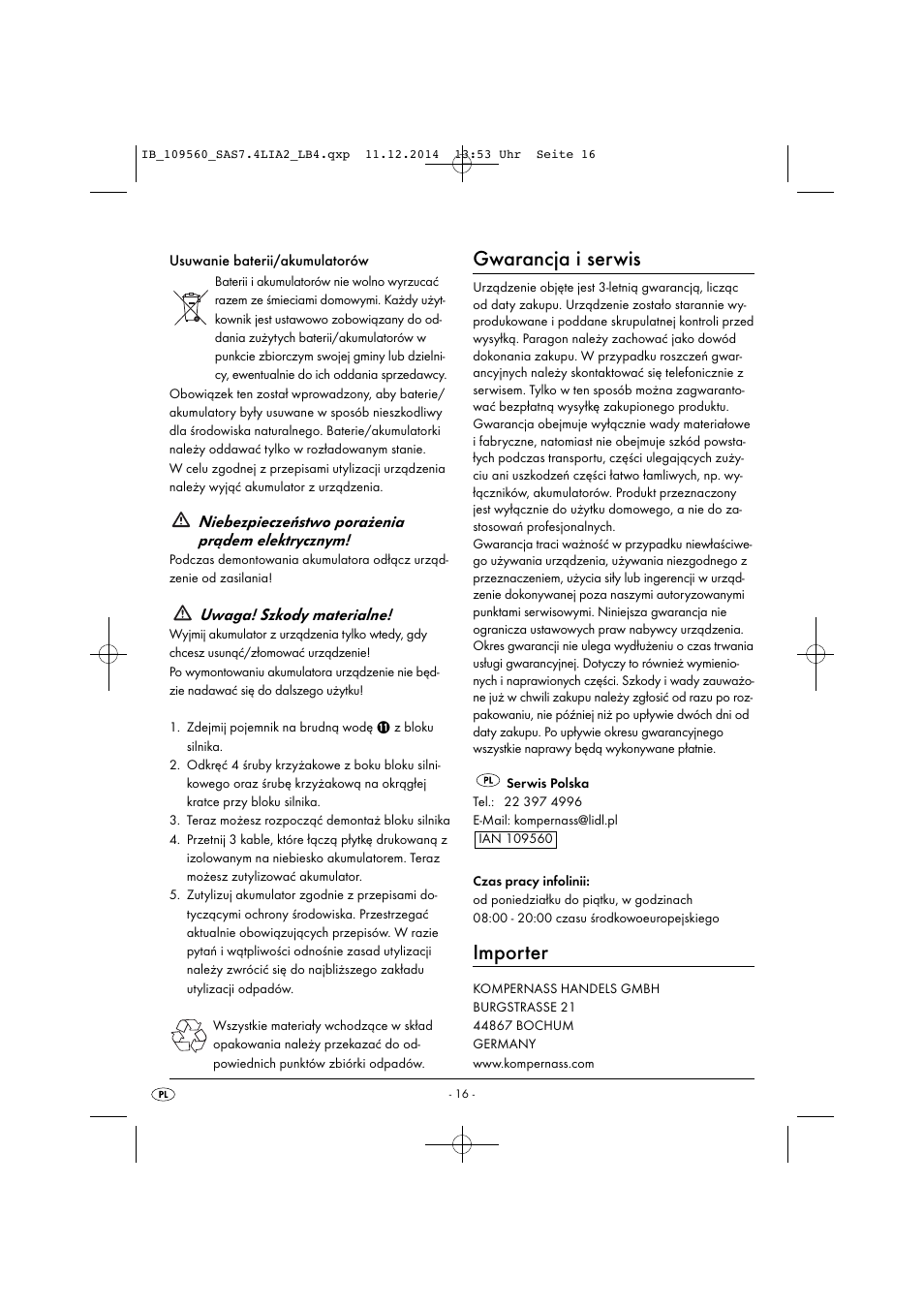 Gwarancja i serwis, Importer, Niebezpieczeństwo porażenia prądem elektrycznym | Uwaga! szkody materialne | Silvercrest SAS 7.4 LI A2 User Manual | Page 19 / 63