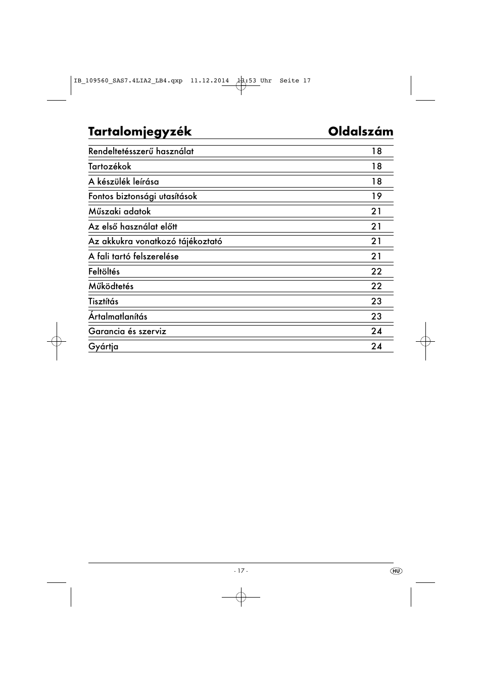 Tartalomjegyzék oldalszám | Silvercrest SAS 7.4 LI A2 User Manual | Page 20 / 63