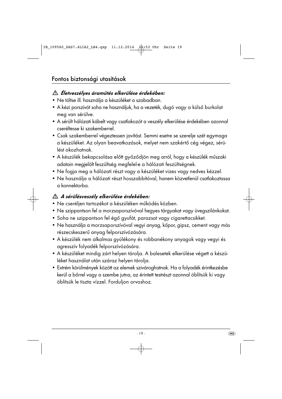 Fontos biztonsági utasítások | Silvercrest SAS 7.4 LI A2 User Manual | Page 22 / 63