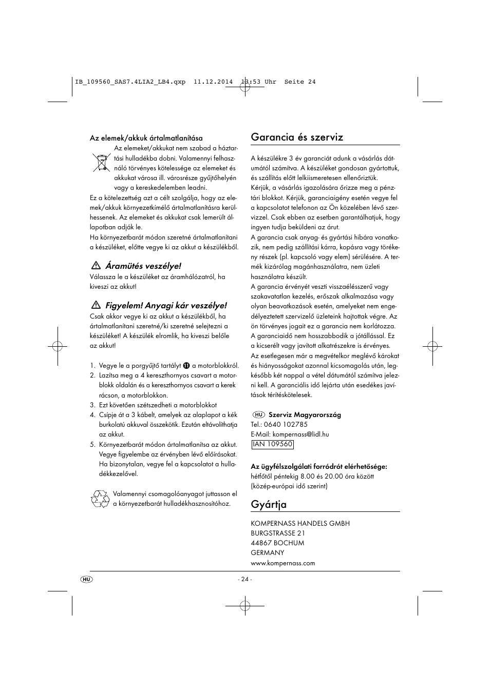 Garancia és szerviz, Gyártja, Áramütés veszélye | Figyelem! anyagi kár veszélye | Silvercrest SAS 7.4 LI A2 User Manual | Page 27 / 63