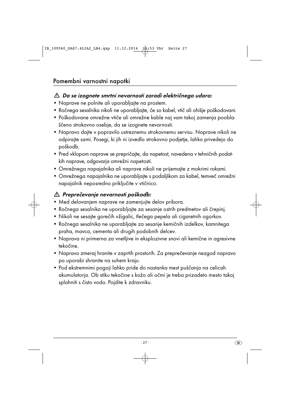 Pomembni varnostni napotki | Silvercrest SAS 7.4 LI A2 User Manual | Page 30 / 63