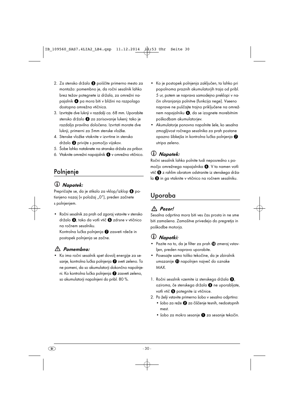 Polnjenje, Uporaba, Napotek | Pomembno, Pozor, Napotki | Silvercrest SAS 7.4 LI A2 User Manual | Page 33 / 63