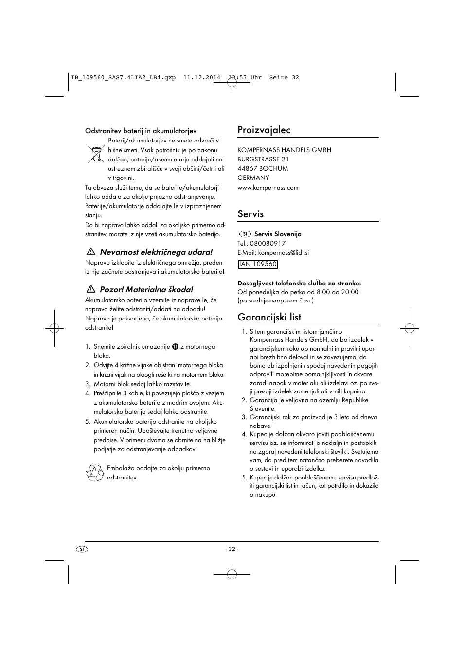 Proizvajalec, Servis, Garancijski list | Nevarnost električnega udara, Pozor! materialna škoda | Silvercrest SAS 7.4 LI A2 User Manual | Page 35 / 63