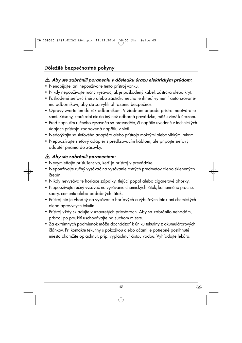 Dôležité bezpečnostné pokyny | Silvercrest SAS 7.4 LI A2 User Manual | Page 48 / 63
