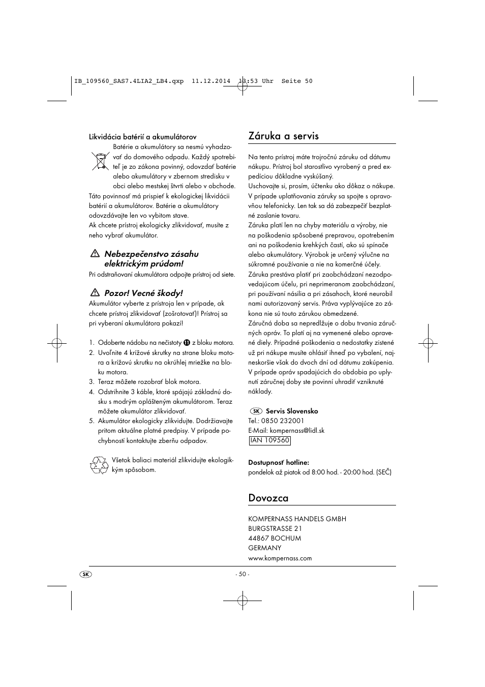 Záruka a servis, Dovozca, Nebezpečenstvo zásahu elektrickým prúdom | Pozor! vecné škody | Silvercrest SAS 7.4 LI A2 User Manual | Page 53 / 63