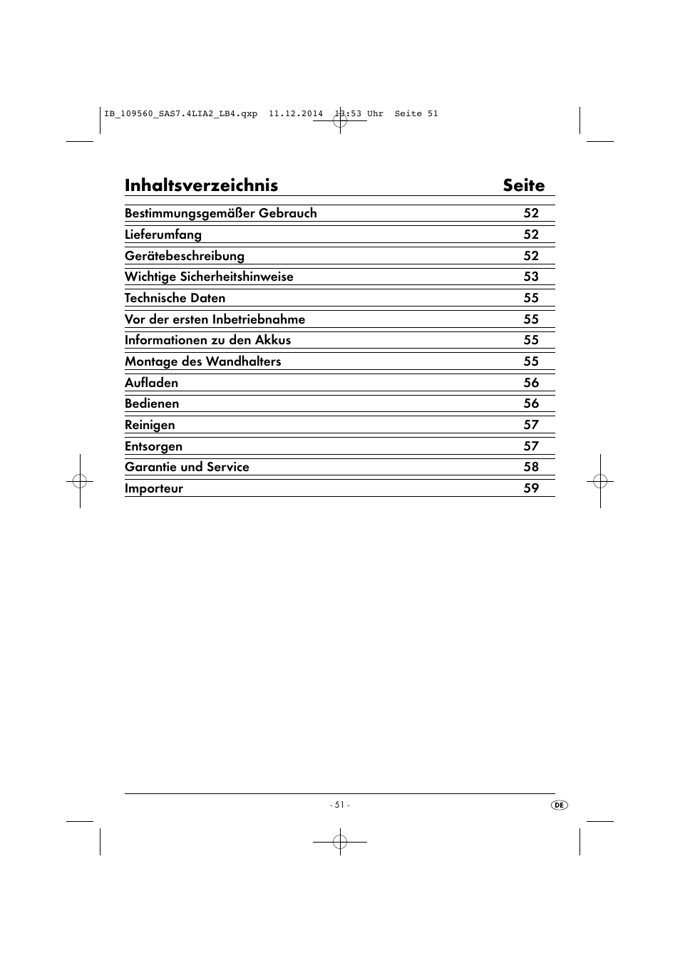 Inhaltsverzeichnis seite | Silvercrest SAS 7.4 LI A2 User Manual | Page 54 / 63