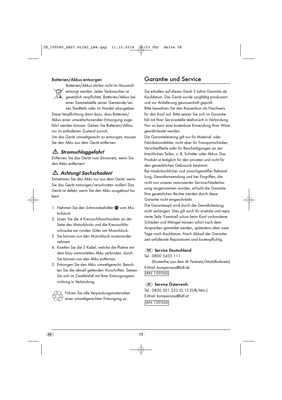 Garantie und service, Stromschlaggefahr, Achtung! sachschaden | Silvercrest SAS 7.4 LI A2 User Manual | Page 61 / 63