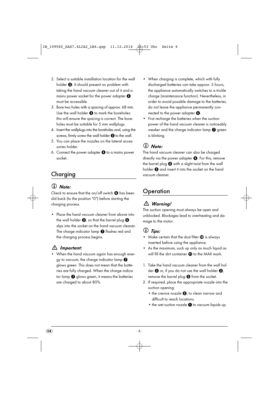 Charging, Operation, Important | Warning, Tips | Silvercrest SAS 7.4 LI A2 User Manual | Page 9 / 63