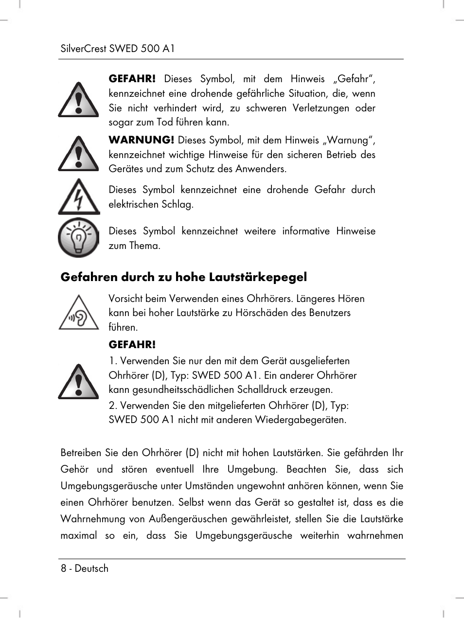 Gefahren durch zu hohe lautstärkepegel | Silvercrest SWED 500 A1 User Manual | Page 10 / 160