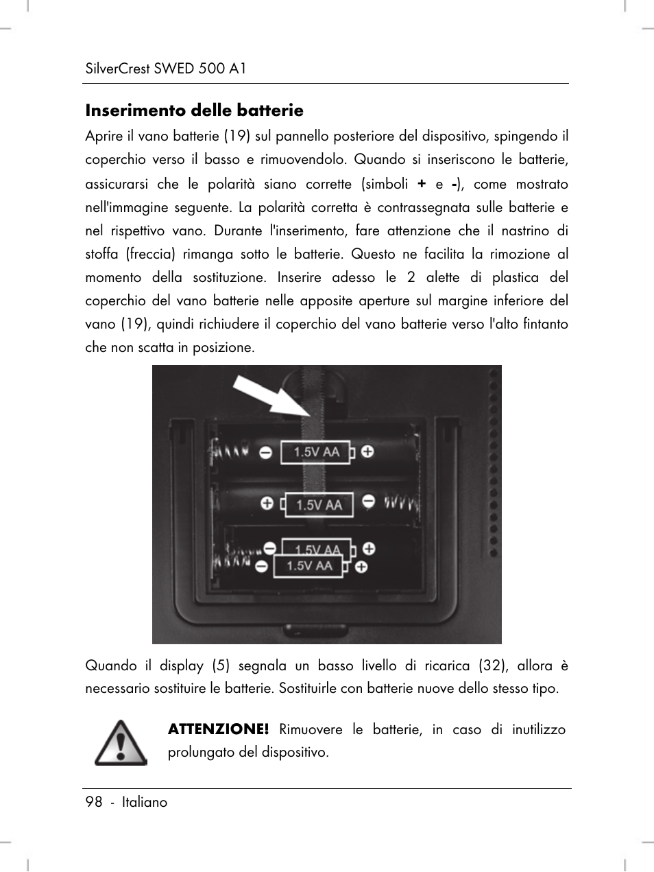 Inserimento delle batterie | Silvercrest SWED 500 A1 User Manual | Page 100 / 160