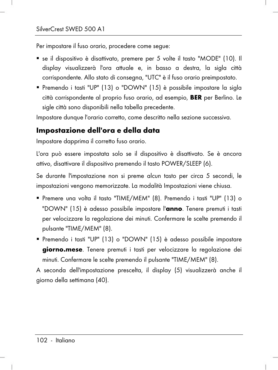 Impostazione dell'ora e della data | Silvercrest SWED 500 A1 User Manual | Page 104 / 160