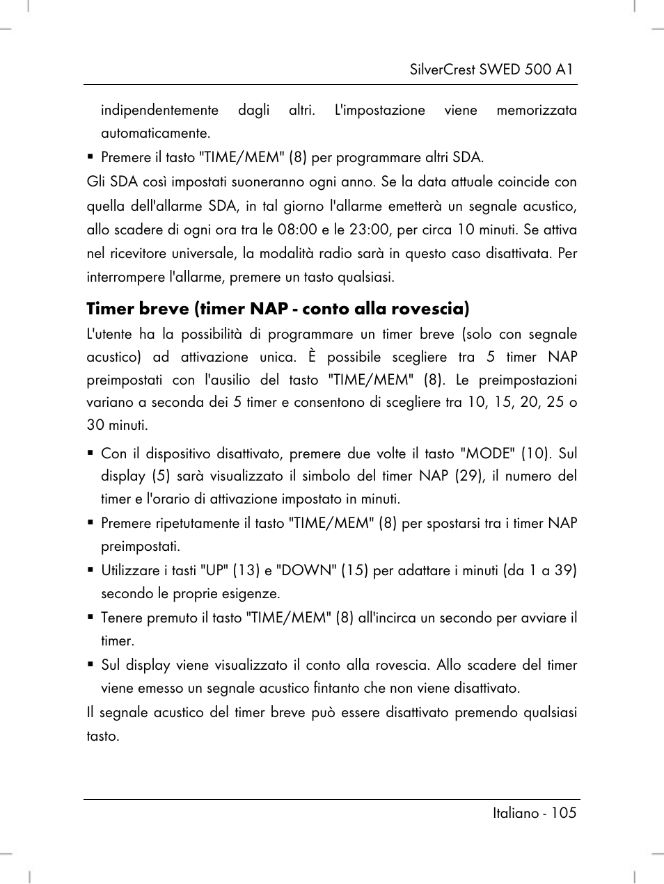 Timer breve (timer nap - conto alla rovescia) | Silvercrest SWED 500 A1 User Manual | Page 107 / 160