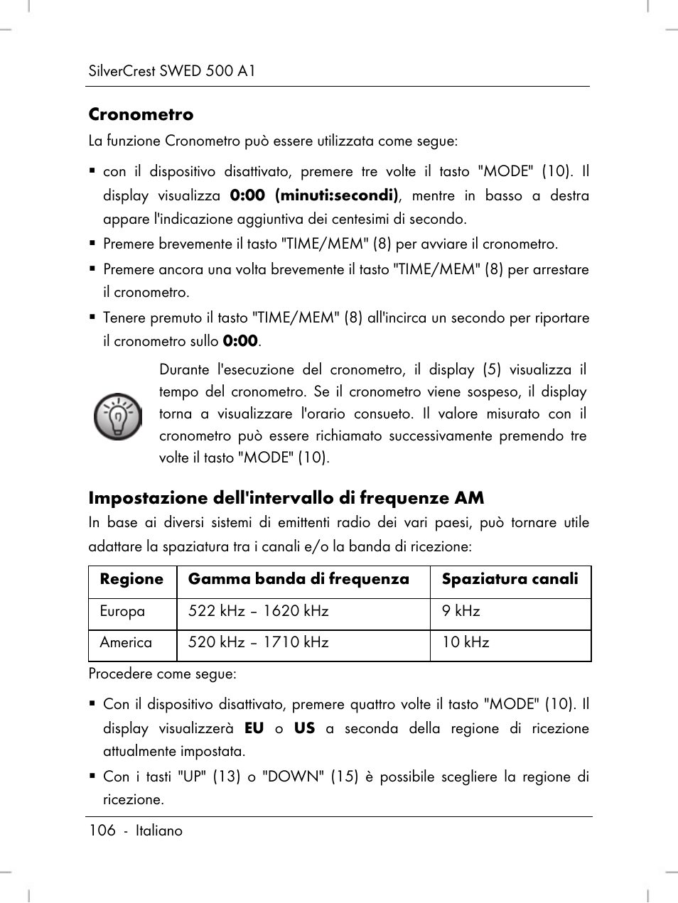 Cronometro, Impostazione dell'intervallo di frequenze am | Silvercrest SWED 500 A1 User Manual | Page 108 / 160