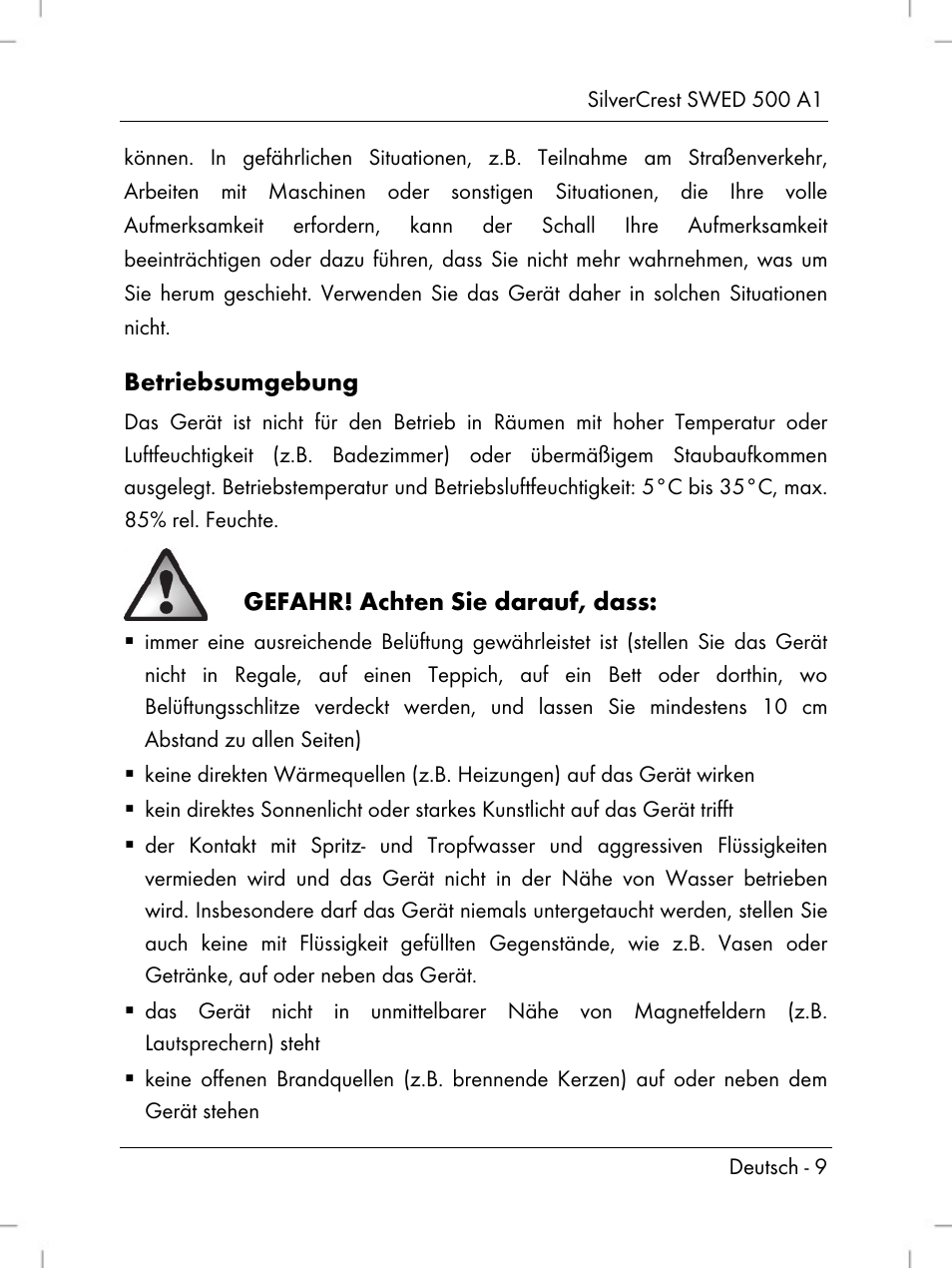 Betriebsumgebung, Gefahr! achten sie darauf, dass | Silvercrest SWED 500 A1 User Manual | Page 11 / 160