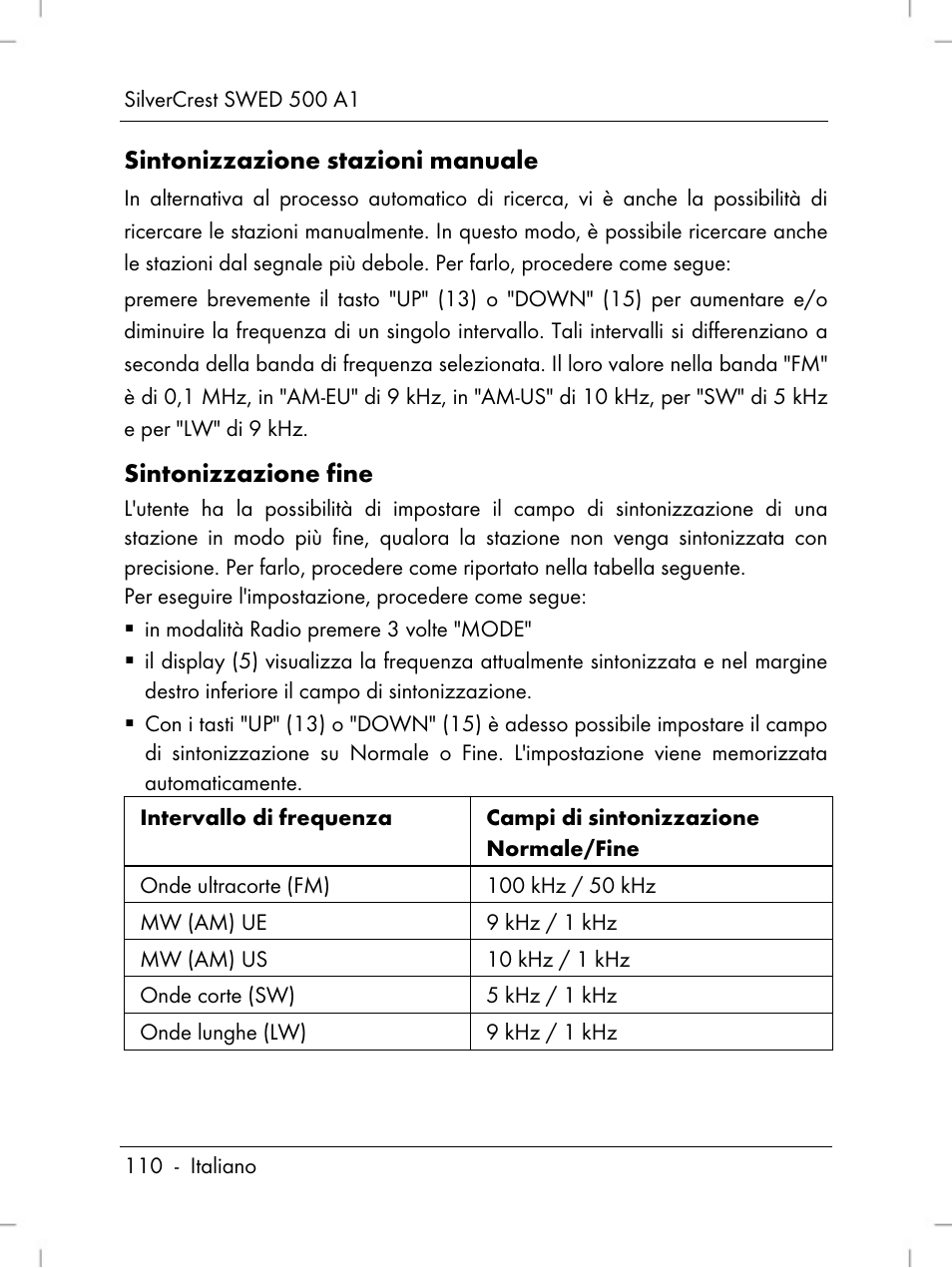 Sintonizzazione stazioni manuale, Sintonizzazione fine | Silvercrest SWED 500 A1 User Manual | Page 112 / 160